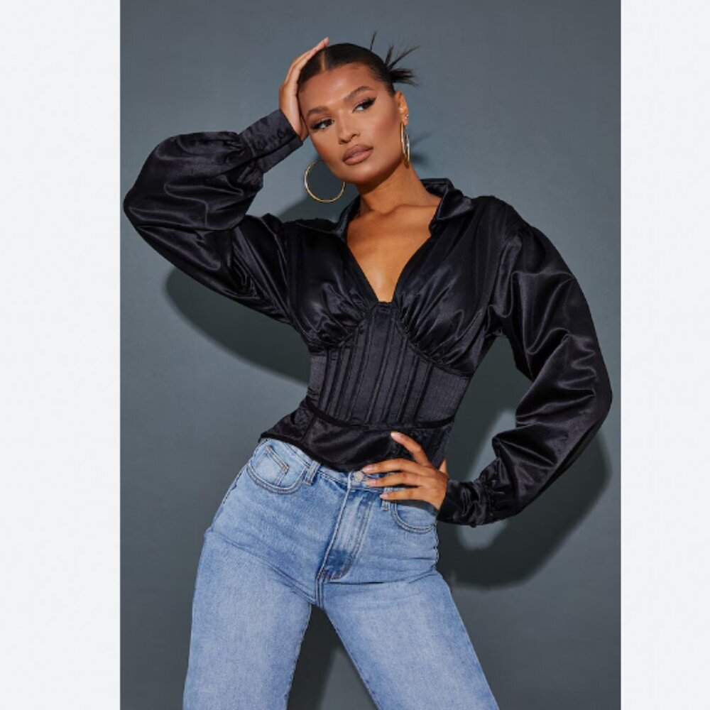 PrettyLittleThing Black Satin Blouse